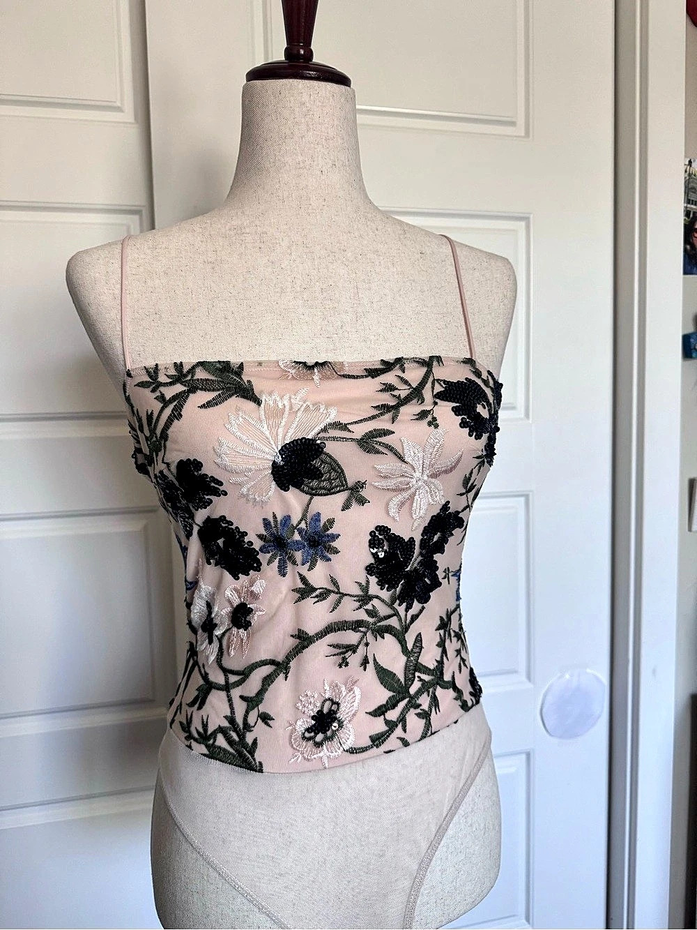 Topshop Floral Embroidered Mesh Cami Pink & Black Size 4 - Highly sought after!